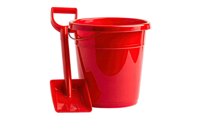 A vibrant red bucket and shovel, ready for a day at the beach