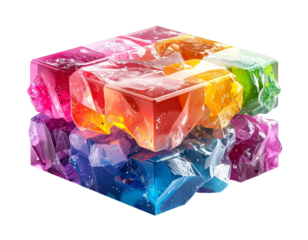 Colorful cubes of translucent material form a 3D structure