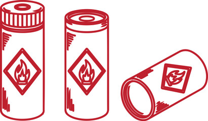 Obraz premium Three red cylindrical containers, each with a distinct flame symbol on them.