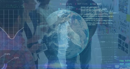 Animation of binary coding, data processing and globe over diverse business people - Powered by Adobe