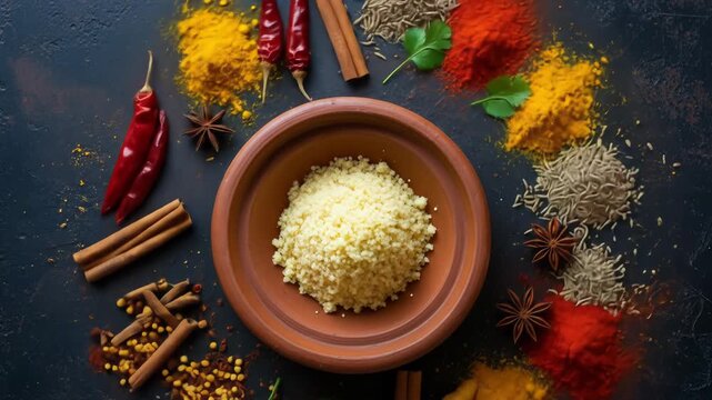 Assorted Spices and Grains in Clay Bowl on Dark Background