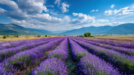 Stunning landscape of a blooming lavender field with rows of purple flowers leading towards distant mountains under a blue cloudy sky