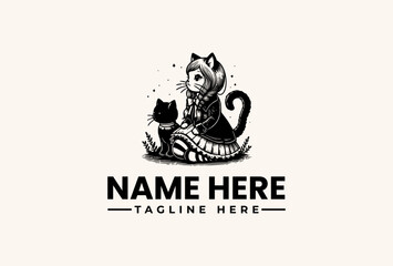 Black and white illustration of a cartoon cat sitting with a laptop, surrounded by text space for a logo and tagline on a plain background.
