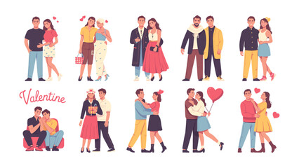 Naklejka premium Valentine's Day Couple Illustrations: A charming collection of various couple poses, celebrating the spirit of Valentine's Day through heartwarming illustrations. 