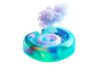3D render of a swirling, colorful disc with vapor above