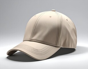 Beige baseball cap, realistic rendering, neutral background