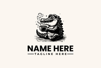 Fototapeta premium Black and white illustration of a smiling alligator holding a coffee cup with steam, surrounded by dots, on a beige background with a logo and tagline placeholder in a modern design style.