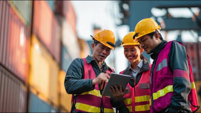 Foreman and two dock workers discussing shipping plans on a digital tablet at a container port
