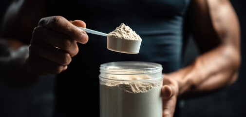 The Protein Powder Scoop Held Above Open Supplement Container in Gym Setting