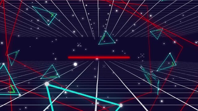Animation of white dots, triangles and lines in digital space with perspective