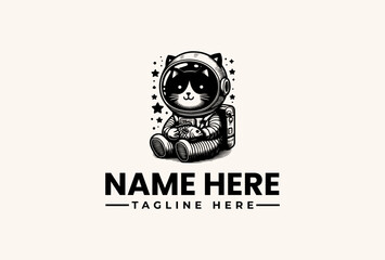 A black and white illustration of a cat in a spacesuit sitting with stars, representing a customizable logo or icon with a tagline on a plain background.