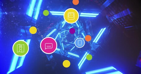 Animation of social media reactions over tunnel made of moving neon lights - Powered by Adobe