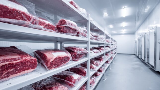 Vacuum sealed raw beef cuts stored on shelves in a professional industrial cold storage room or commercial walk-in freezer