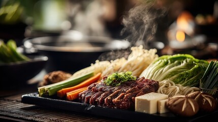 Serving raw beef and fresh vegetables for shabu shabu hot pot