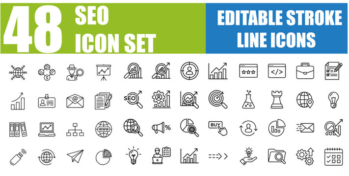 SEO Icon Set - Search Engine Optimization, Keyword Research, Backlink Analysis, Google Analytics, SERP Ranking, Website Traffic, On-Page SEO, Meta Tags, Digital Marketing, Algorithm and More - Editabl