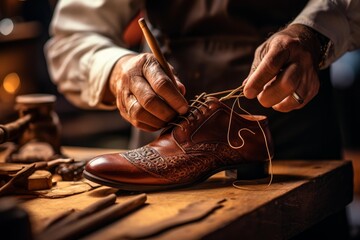 Shoemaker's hands lacing up an ornate handcrafted leather shoe in a workshop