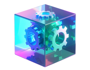 Gears inside a translucent cube with gradient colors on black background