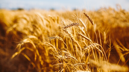 Fototapeta premium Ears of golden wheat sway in the sunset light in a farm field. Tranquil atmosphere. Background image. Concept of a bountiful harvest.