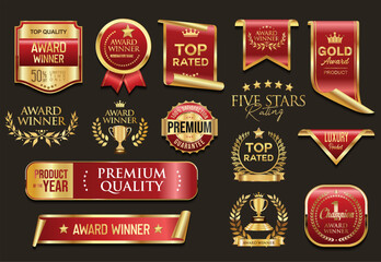 Award Winners gold and brown medal logo white emblems, premium quality badges and laurels collection golden award logo design isolated stock illustration