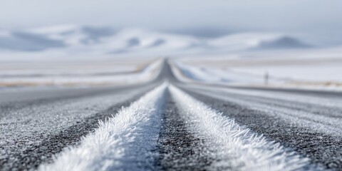Frost covers the road in a winter landscape with mountains in the distance and soft clouds
