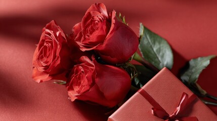 A delightful greeting card scene features three stunning red roses partnered with a beautifully wrapped gift box. This charming setup evokes feelings of love and celebration, perfect for any occasion