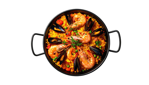 Overhead shot of seafood paella in a pan on a black backdrop