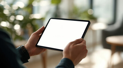 Close-up of hands holding a digital tablet device with a clear white display, perfect for mockups and digital content creation in a bright, contemporary environment.