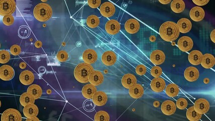 Animation of bitcoin icons over network of connections and data processing - Powered by Adobe