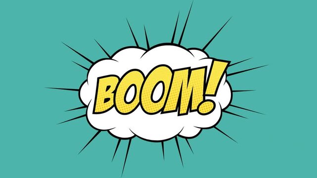 Animation of comic 5 options text over multiple comic speech bubbles with comic sound effects texts