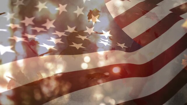 Animation of autumn leaves falling over flag of usa