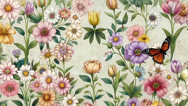 A vibrant and detailed floral arrangement featuring a variety of colorful flowers and a butterfly, creating a lively and natural scene.