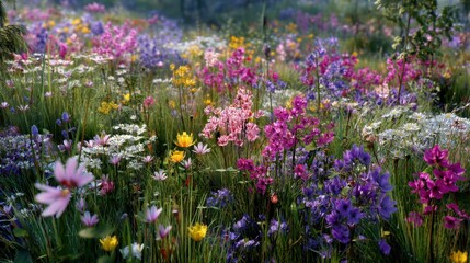Obraz premium Bright wildflowers grow in a meadow during spring. The scene shows many colors and types of flowers surrounded by green grass under a clear sky.