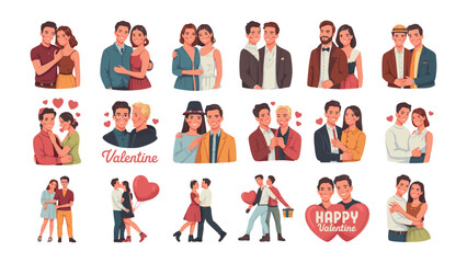 Fototapeta premium Celebrating Love and Togetherness: Diverse couples in various poses, hugging, or holding hands, in a collage of charming illustrations conveying the essence of love and the spirit of Valentine's Day.