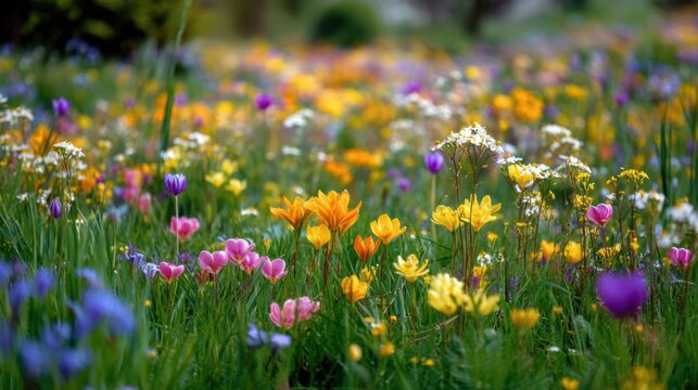 Wildflowers of various colors fill a sunny meadow in spring. The scene shows a mix of pink purple yellow and white flowers growing in lush green grass.