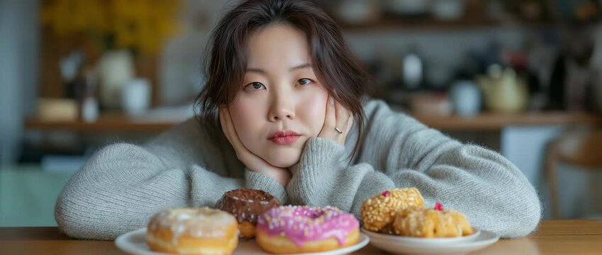 Asian plus-size woman stares at a platter of doughnuts, appearing exhausted.