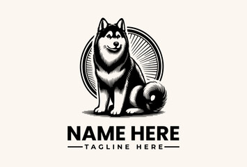 A black and white illustration of a dog sitting in front of a circular design with lines, accompanied by placeholder text for a name and tagline on a beige background.