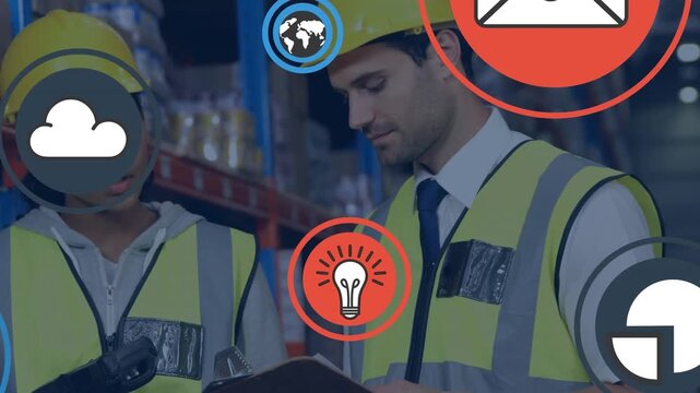 Animation of icons flying over diverse workers in warehouse