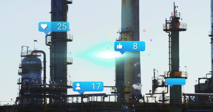 Animation of falling icons over refinery