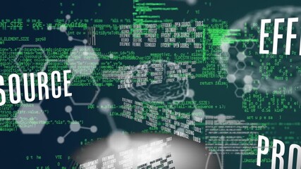 Animation of chemical formula and digital brain over texts and data processing on black background - Powered by Adobe