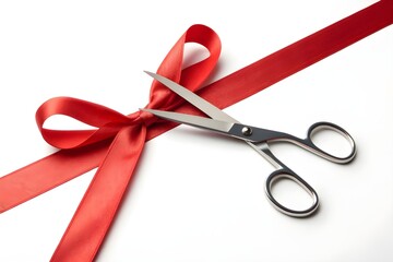 Minimal gift wrapping scene capturing a red ribbon being cut with open scissors and ribbon suspended mid air on a white background with soft shadows - AI Generated