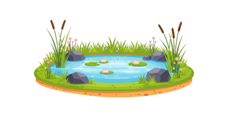 Tranquil Pixel Art Pond With Water Lilies Cattails And Rocks On Grassy Island With Transparent Background