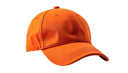 A vibrant orange baseball cap, isolated against a transparent background