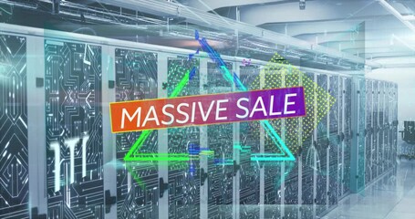 Animation of massive sale text banner over abstract neon shapes against computer server room - Powered by Adobe