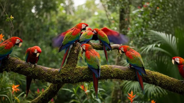 Brilliant Scarlet Macaws Perched on Mossy Branch in a Lush Green Tropical Rainforest with Vibrant Red Orange Flowers in Background During Daylight