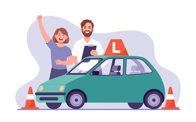 Driving School Student Passing Test with Instructor Beside the Car