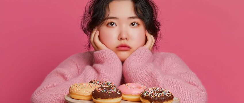 Asian plus-size woman stares at a platter of doughnuts, appearing exhausted.