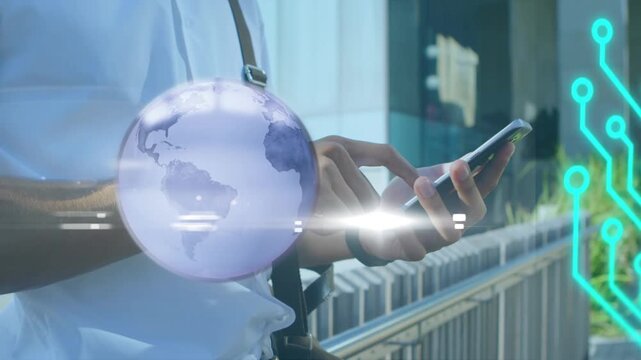 Digital video showcases global shipping and data processing with rotating globes.