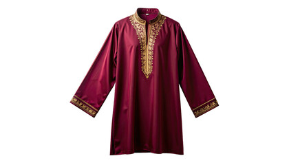 A maroon tunic with gold embroidery on neck and sleeves, on a black backdrop
