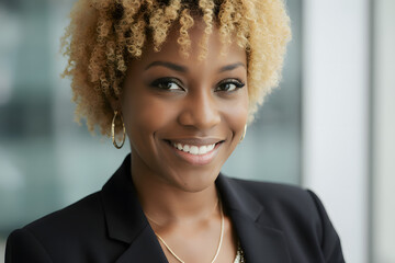 portrait of a short cut blonde afro business woman dressed in a black suit
