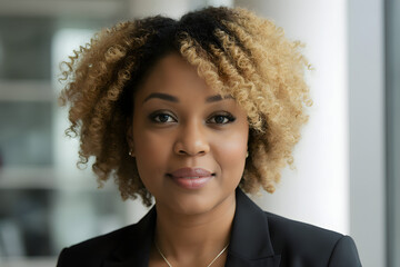 portrait of a short cut blonde afro business woman dressed in a black suit